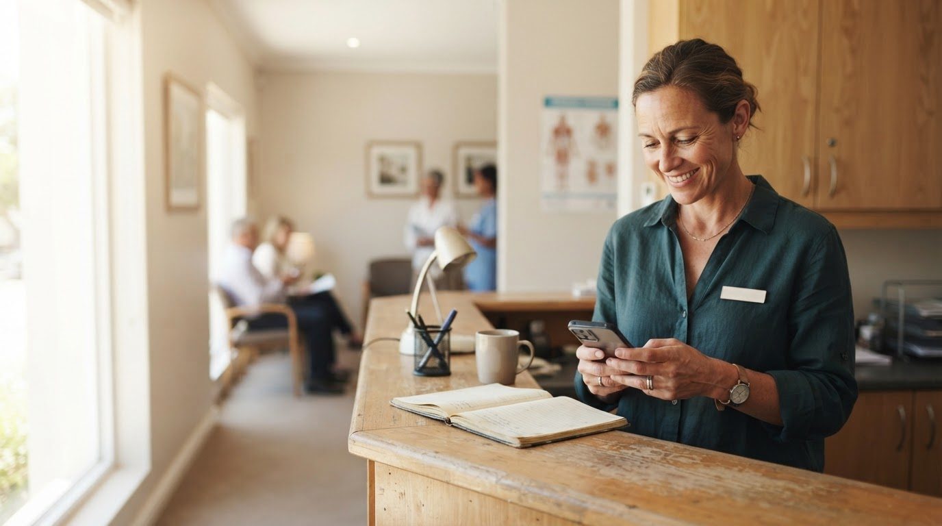 A clinic receptionist smiling at her phone behind the front desk