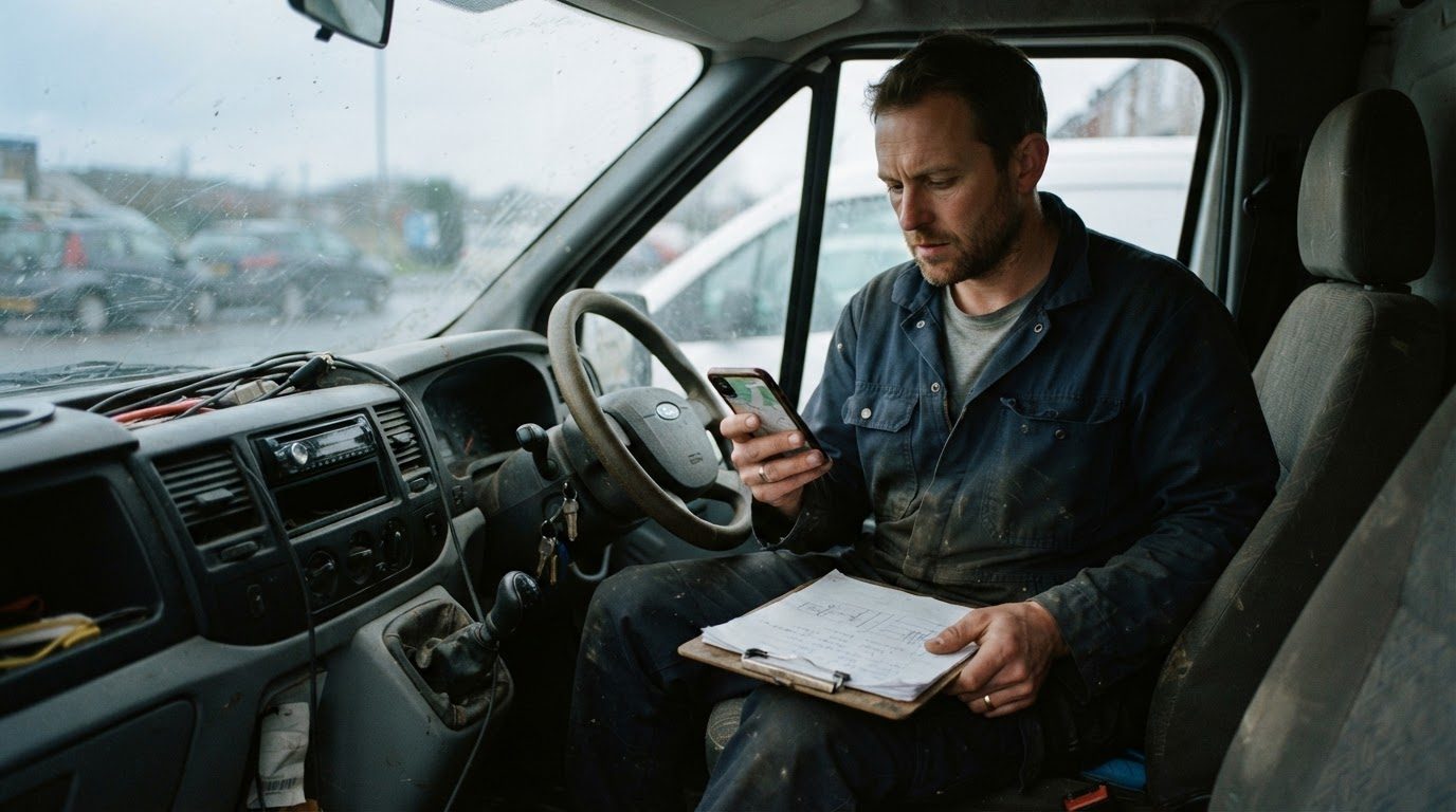 A tradesperson in a van checking his phone while holding a clipboard